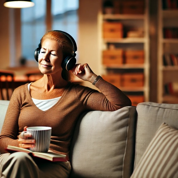 Ältere Person hört entspannt ein Hörbuch auf dem Sofa – Beispiel für Nutzung von Hörbüchern im Alltag
