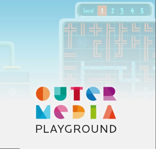 Logo in light blue and and colorful font: "Outermedia Playground".