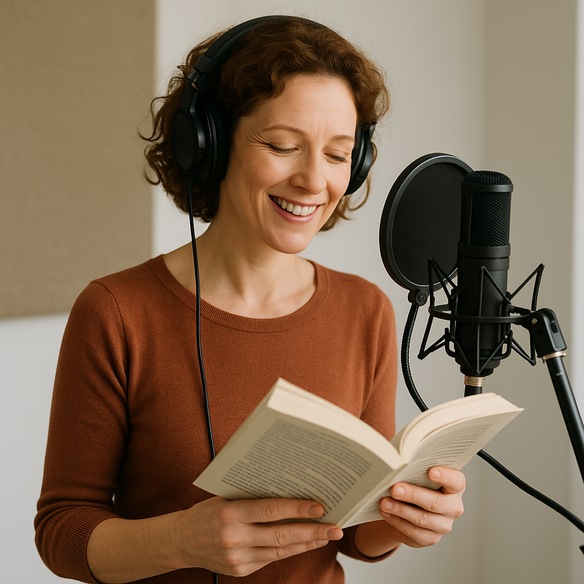 Profisprecherin im Studio mit Kopfhörern liest aus einem Buch – WeAreBookish-Interview