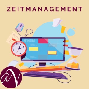 Cover mit Grafiken zum Thema Zeitmanagement, Logo Ann Vielhaben