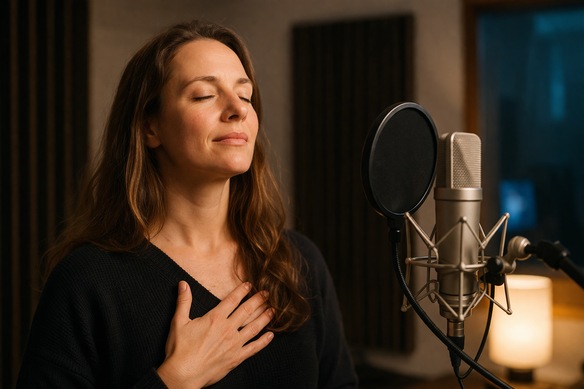 Person in ruhiger Haltung mit geschlossenen Augen – Symbol für Fokus, bewusste Atmung und innere Präsenz beim Sprechen