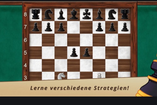 Zeichnung eines Schachbretts mit Spielfiguren und dem Slogan "Lerne verschiedene Strategien!"