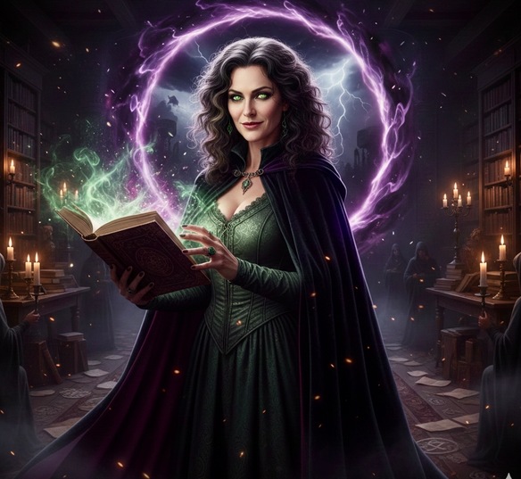 Ghislaine Sawyer, Anführerin eines Hexenzirkels, in einem dunklen Buchladen-Keller, umgeben von Kerzen und magischen, violett leuchtenden Portalen und Runen. Die Rolle der Sprecherin Ann Vielhaben in John Sinclair 188.