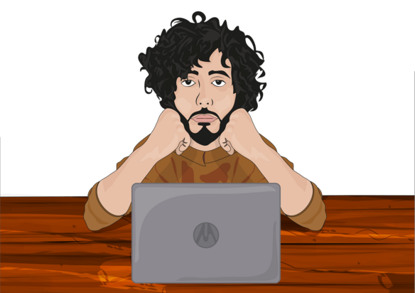 Zeichnung von sitzendem jungen Mann vor Laptop, scheinbar nachdenklich in die Kamera schauend