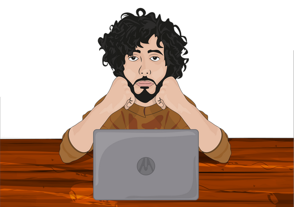 Zeichnung von sitzendem jungen Mann vor Laptop, scheinbar nachdenklich in die Kamera schauend