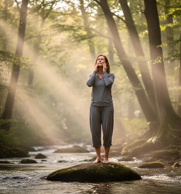 Frau steht barfuß auf einem Stein im Wasser und konzentriert sich in einer ruhigen Naturumgebung – Symbol für Energie, Fokus und innere Balance