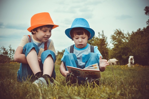 Zwei Jungs sitzen entspannt auf einer grünen Wiese und lesen ein Buch. Das Bild symbolisiert die Zielgruppe für Geschichten und Hörspiele, die durch authentische Dialekte wie Plattdeutsch bereichert werden.