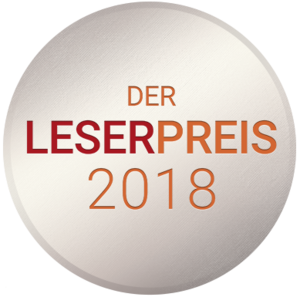 Rundes Emblem des Lovelybook Leserpreises 2018, Schrift in rot-orange