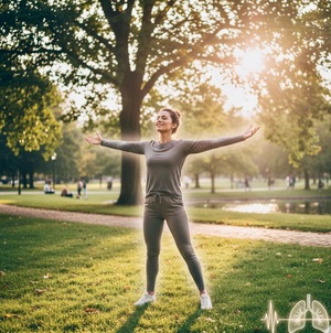 Frau steht mit ausgebreiteten Armen in einem Park im Sonnenlicht – Ausdruck von Energie, Offenheit und Lebensfreude im Alltag