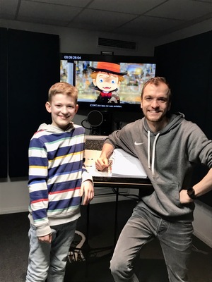 Pepe Vielhaben recording his lines in the studio for the lead role of Lubbichi in the anime Poupelle, directed by Tom Sielemann.