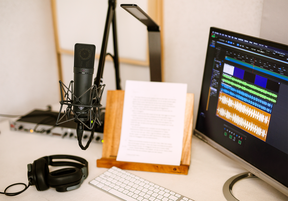 Arbeiten mit Neumann U87Ai Mikrofon, Austrian Audio Hi-X55 Kopfhörern, DBX Vorverstärker und Logic Pro.