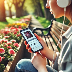 Junge Frau sitzt draußen auf einer Parkbank und hört ein Hörbuch auf ihrem Smartphone, Titel auf dem Display sichtbar