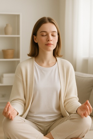 Eine professionelle Sprecherin meditiert zur Fokus-Steigerung und Stressreduktion für eine klare, präsente Stimme bei der Aufnahme.