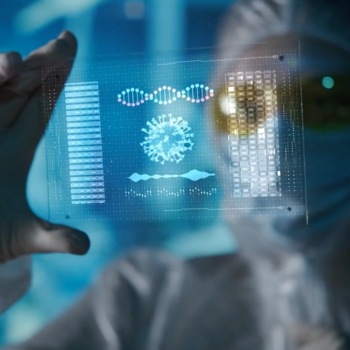 Doctor examines virus data in a visual, partially transparent display.