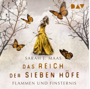 Cover von "Flammen und Finsternis" mit Kriegerin, in Gelb-Orangetönen