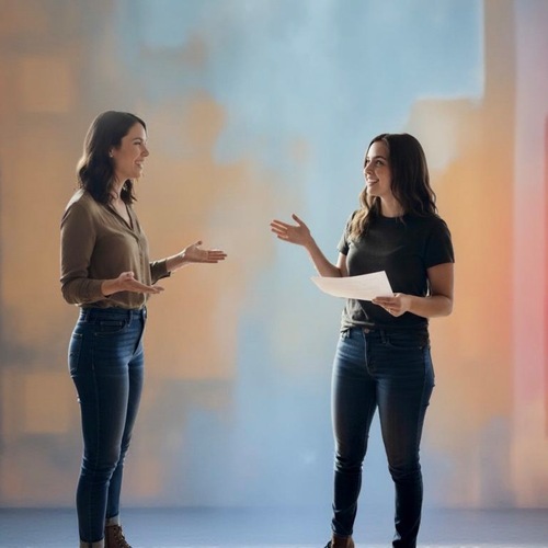 Zwei Frauen stehen sich im Profil gegenüber und unterhalten sich lebhaft mit Handgesten; eine von ihnen hält ein Skript in der Hand.