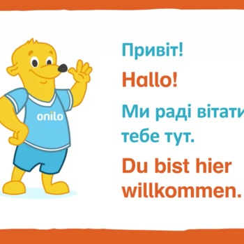 The Onilo bear with short sentences in Ukrainian, Russian and German.