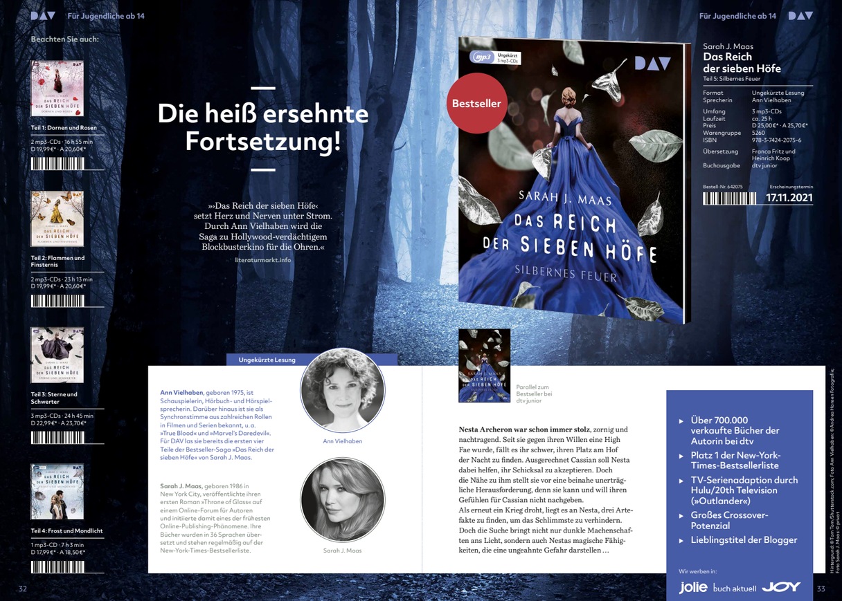 Verlagsdoppelseite von Produktion "Silbernes Feuer", mit Fotos von Ann Vielhaben und Sarah J. Maas